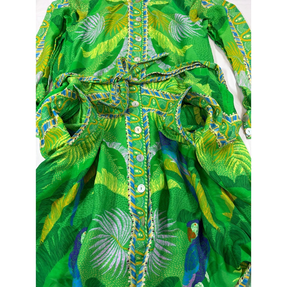 Farm Rio Macaw Scarf Chemise Tropical Parrot Green Midi Shirt Dress Belted S - Picture 12 of 14